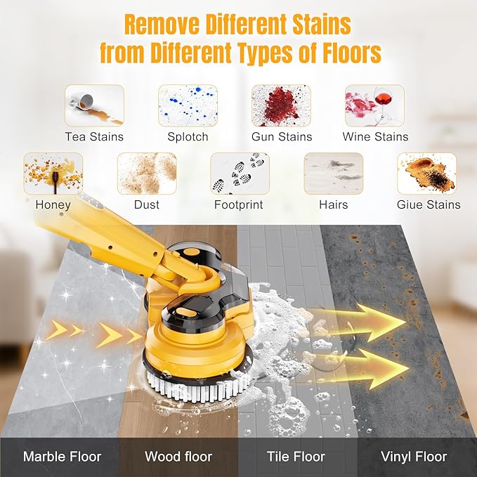 Cordless Electric Mop for Dewalt 20V Battery (NO Battery), 2 in 1 Spin Mop & Electric Floor Scrubber Machine with LED Light & Water Spray, 800 RPM Rotating Electric Mops for Floor Cleaning (Yellow)