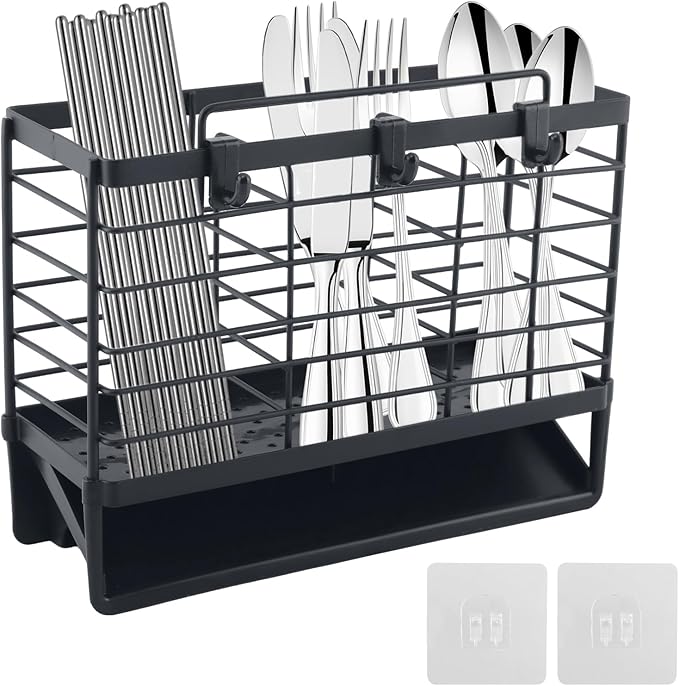 3-Compartment Dish Drying Rack for Kitchen, Carbon Steel Utensil Holder with Drain Tray, Utensil Caddy Organizer for Knives, Forks, Spoons, Chopsticks, Wall Mount or Countertop (Charcoal Grey)