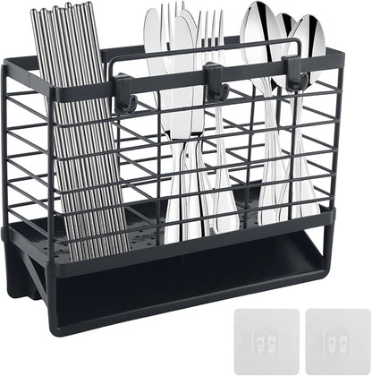 3-Compartment Dish Drying Rack for Kitchen, Carbon Steel Utensil Holder with Drain Tray, Utensil Caddy Organizer for Knives, Forks, Spoons, Chopsticks, Wall Mount or Countertop (Charcoal Grey)