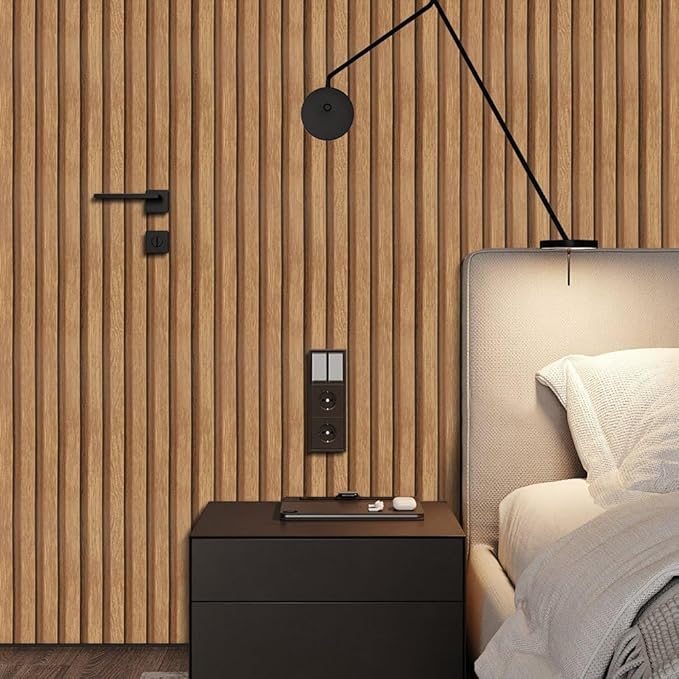 Arthome 17''x240'' Wood Slat Wallpaper, Peel and Stick Self Adhesive Wood Wallpaper PVC Vinyl Decorative Removable Wallpaper Waterproof Faux Wood Grating Stripe Contact Paper for Living Room Bedroom