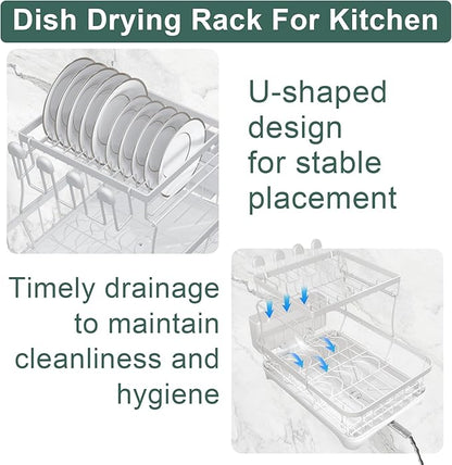 LIYI Dish Drying Rack,Large Dish Rack for Kitchen Counter,2-Tier Dish Racks with draining Tray,Detachable Capacity Dish Drainer Organizer,White