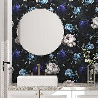 Laatse Dark Floral Peel and Stick Wallpaper, Black/Blue Vintage Floral Contact Paper, Waterproof Self Adhesive Boho Decor Black Rose Wall Paper for Bedroom Walls Bookcase Drawers 17.5in x 118in