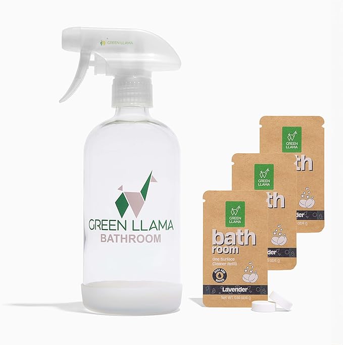 Green Llama Eco Bathroom Cleaner Spray - 16oz Glass Bottle, 3 Refill Tablets, Natural, Sustainable, Lavender Rosemary Scent - Safe, Effective for Home Surfaces - Ideal Choice for Eco-Conscious Living
