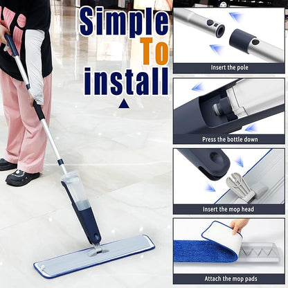 24" Dry mops for Floor Cleaning, Microfiber mop Spray System, Commercial Heavy-Duty Wet mops with 28oz Big Tank, 2 Washable Pads (Commercial Blue, 24inch-1Pack)