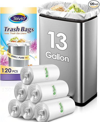 13 Gallon 120 Counts Strong Trash Bags Tall Kitchen Garbage Bags by Teivio, 12 Gallon 13 Gallon 14 Gallon, Multi-Use Bin Liners, Plastic Bags for Home Office Kitchen Yard Industrial, Clear