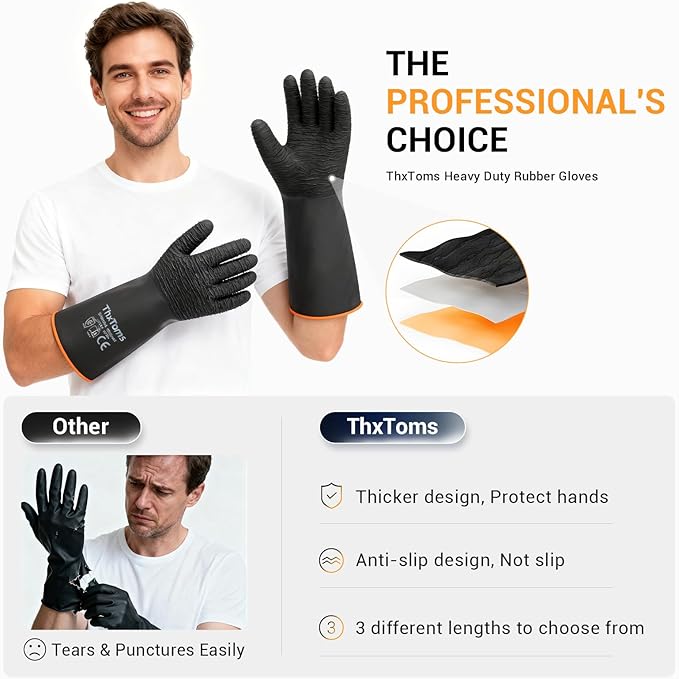 ThxToms Heavy Duty Rubber Gloves, Industrial Chemical Resistant Gloves Waterproof Reusable Protective Work Gloves for Cleaning, Dishwashing,Upgraded with Non-Slip Design, Black, 18" 1 Pair
