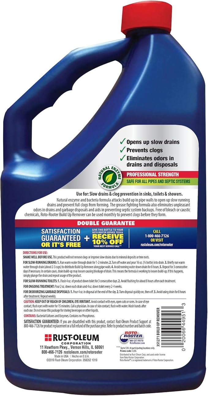 Roto-Rooter Build-Up Remover Drain Cleaner, Enzyme-Based Formula Helps Prevent Clogs and Grease Buildup, Removes Odor, Safe for Septic Systems, Pipes, Toilets, Drains and Sinks, 64 oz