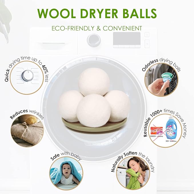 Wool Dryer Balls Organic XL,Laundry Dryer Balls,100% New Zealand Wool Natural Fabric Softener,Reusable 1000 Loads,Shorten Drying Time & Reduces Wrinkles,Baby Safe