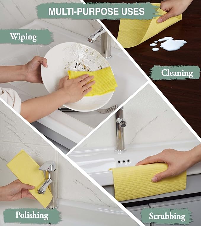 10 PCS Swedish Dishcloths for Kitchen 100% Biodegradable | Reusable Cellulose Sponge Cloths | Ultra Absorbent, Eco-Friendly Cleaning Towels | Dishcloths for Washing Dishes & General Cleaning Supplies