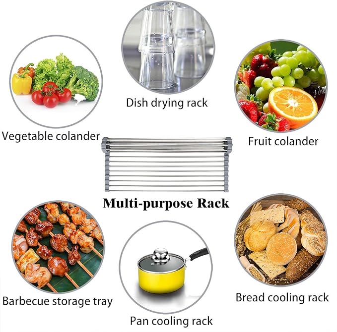 Hhyn Roll Up Dish Drying Rack 20.5"(L) x 13.8"(W) - Stainless Steel and Silicone Dish Drying Mat Over The Sink Foldable Drain Rack Multipurpose Dish Drainer Extra Large, Gray