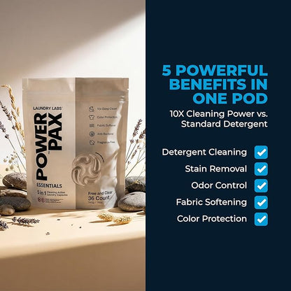 PowerPax 5-in-1 Laundry Detergent Pods, 36 Count Concentrated Enzyme Clean pods for Stain Removal, Odor Control, Fabric Softening & Color Care, Free & Clear