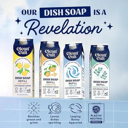 Cleancult Dish Soap Liquid Refills - Plant Based Cleaning Power - Cuts Grease & Grime - Free of Harsh Chemicals - Uses 90% Less Plastic - Mountain Eucalyptus - 32 oz/3 Pack
