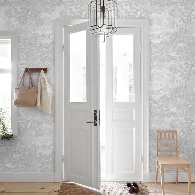 Ismoon Gray Peel and Stick Wallpaper Neutral Wall Paper 17.3in×6.56ft Vintage Removable Self-Adhesive Wallpaper Animals Jungle Contact Paper for Cabinets Bathroom Walls Covering Vinyl Roll