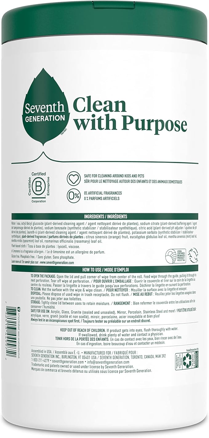 Seventh Generation Multi Purpose Wipes All Purpose Cleaning Garden Mint scent with 100% Essential Oils and Botanical Ingredients,70 Count (Pack of 6)