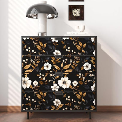 Fvlow Vintage Black Floral Wallpaper Peel and Stick 17.4" x 118", Retro Golden Leaf White Flower Pattern Contact Paper Classic Removable Covering for Bedroom Bathroom Cabinet Drawer Home Decor Dark