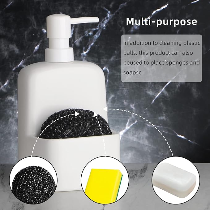 Dish Soap Dispenser - Kitchen Soap Dispenser with Sponge Holder Matte Ceramic Soap Daddy Dispenser 20oz for Kitchen (Matte White)