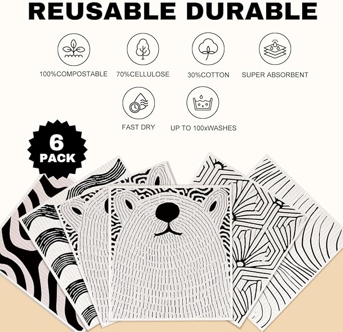 Swedish Dishcloths 6 Pack, Black White Line Geometric Towels Kitchen Reusable Washable Absorbent Dish Cloths, Cellulose Sponge No Odor Eco Towels, Home Kitchen Dish Washing