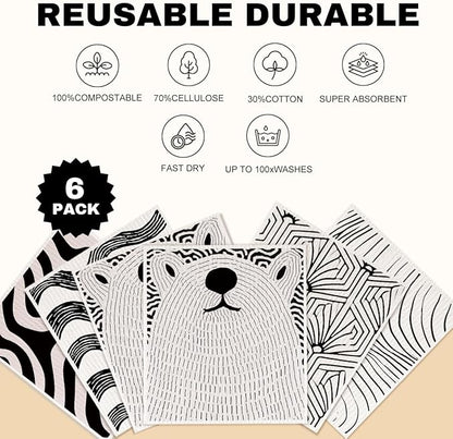 Swedish Dishcloths 6 Pack, Black White Line Geometric Towels Kitchen Reusable Washable Absorbent Dish Cloths, Cellulose Sponge No Odor Eco Towels, Home Kitchen Dish Washing