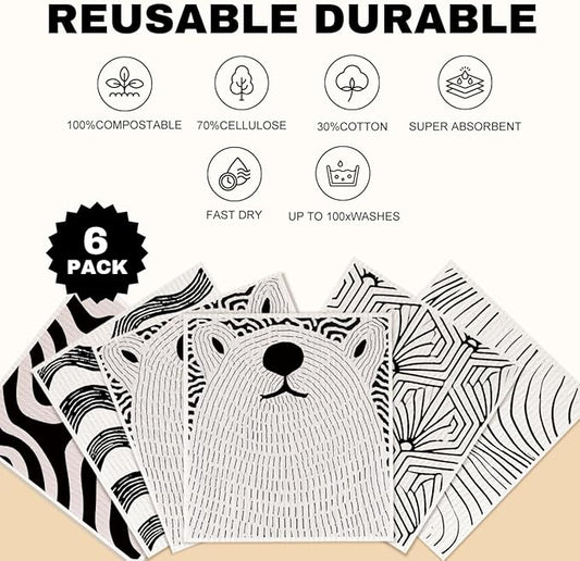 Swedish Dishcloths 6 Pack, Black White Line Geometric Towels Kitchen Reusable Washable Absorbent Dish Cloths, Cellulose Sponge No Odor Eco Towels, Home Kitchen Dish Washing