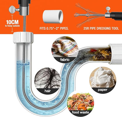 25FT Heavy Duty Drain Auger, Professional Plumbing Snake with Drill Adapter, Manual & Powered Clog Remover for Kitchen, Bathroom, Shower Sink & Bathtub, Flexible Pipe Snake Cleaner with Gloves