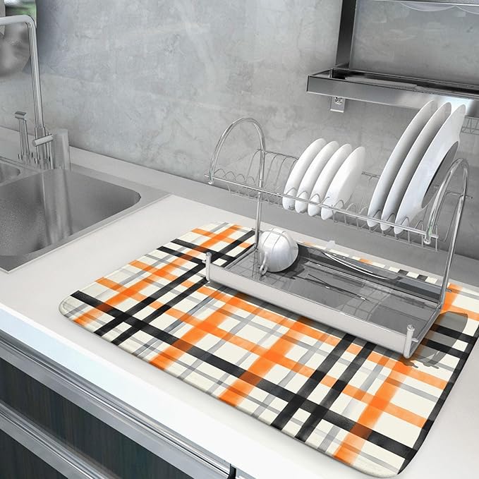 Fall Orange Black Buffalo Plaid Dish Drying Mat 18 x 24 Inch With Absorbent Reversible Microfiber Thanksgiving Autumn Halloween Drying Mats Dish Drainer Mat Fast Dry For Kitchen Dining Room Decor