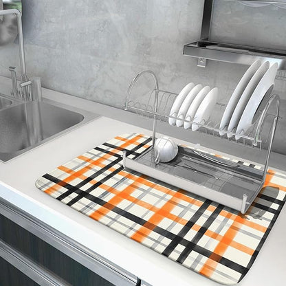 Fall Orange Black Buffalo Plaid Dish Drying Mat 18 x 24 Inch With Absorbent Reversible Microfiber Thanksgiving Autumn Halloween Drying Mats Dish Drainer Mat Fast Dry For Kitchen Dining Room Decor