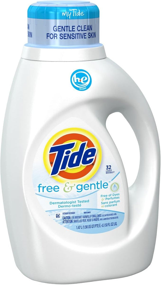 Tide Free & Gentle Liquid Laundry Detergent, Unscented, 1.47 L (32 Loads)