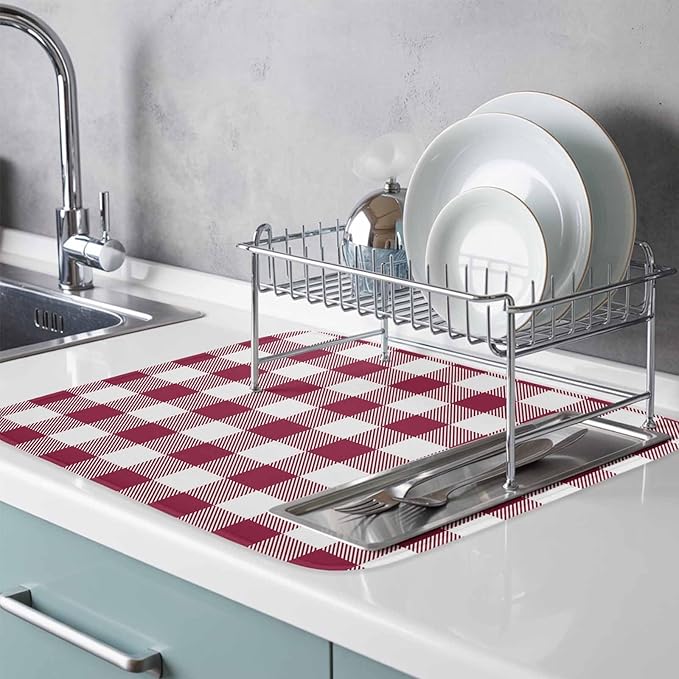 Dish Drying Mat Wine Red Buffalo Check Plaid Drying Mats for Kitchen Counter Farmhouse Style Absorbent Microfiber Dish Drainer Quick Drying Coffee Mat with Hanging Loop, 16 x18 inch