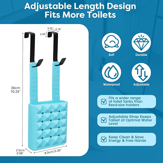 2Pcs Adjustable Toilet Tank Tablet Holder-Hanging Silicone Basket Carrier with Rustproof Hooks for Bowl Cleaner & Bleach Tablet Hanger Pouch Organizer, Accessory Fit Up to 7" Water Level