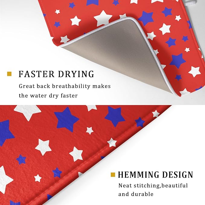 Fourth of July Independence Memorial Dish Drying Mat for Kitchen Counter,Blue White Star Patriotic Red Drying Mat 18 x 24 Inch with High Absorbent Microfiber Dish Drying Mat for Coffee Bar