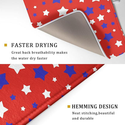 Fourth of July Independence Memorial Dish Drying Mat for Kitchen Counter,Blue White Star Patriotic Red Drying Mat 18 x 24 Inch with High Absorbent Microfiber Dish Drying Mat for Coffee Bar