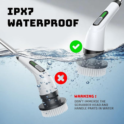 Electric Spin Scrubber, Powerful 2-Speed Cleaning Brush, IPX7 Waterproof with 7 Reusable Brush Heads & Extendable Handle, for Bathroom Toilet Shower Kitchen Wall Tile Floor Grout (White)
