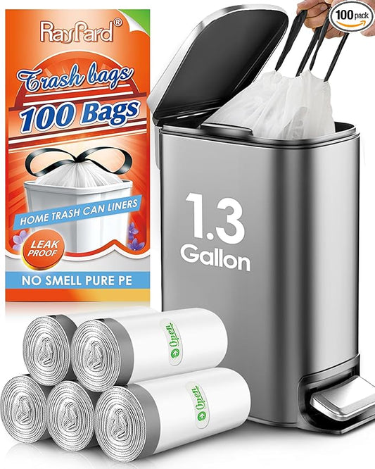 1.3 Gallon 100 Counts (fit 1.3-1.5 Gal) Mini Drawstring Trash Bags Garbage Bags, 4-5L Small Plastic Trash Can Liner fit 1,1.2-1.5 Gal Waste Basket for Home Office Kitchen Bathroom, White