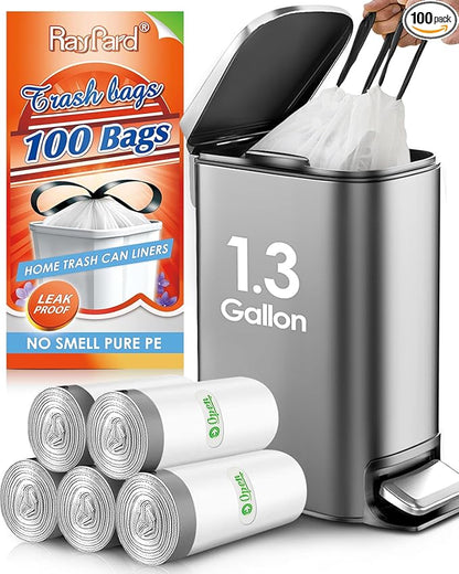 1.3 Gallon 100 Counts (fit 1.3-1.5 Gal) Mini Drawstring Trash Bags Garbage Bags by RayPard, 4-5L Small Plastic Trash Can Liner fit 1,1.2-1.5 Gal Waste Basket for Home Office Kitchen Bathroom, White