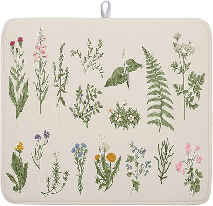 Kawani Sage Flower Herbs Dish Drying Mat For Kitchen Counter 16x18 In Green Leaves Microfiber Absorbent Dishes Pad Wild Plant Herbs Drying Pad Dish Drainer Rack Absorbent Fast Dry Kitchen Accessories
