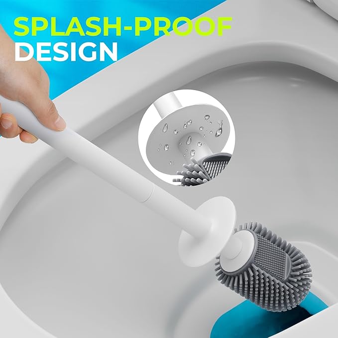Silicone Toilet Brush, L-Shaped Toilet Brush and Holder Set, Bathroom Toilet Brush with Long Non-Slip Handle, Wall Mounted or Floor Standing Design, for Home and RV Use