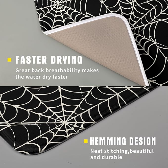 Halloween Dish Drying Mat for Kitchen Counter 16x18 Spider Web Black Holiday Scary Theme Absorbent Reversible Microfiber Drying Mats Kitchen Countertop Protector Dishes Drainer Pad