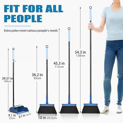 JEHONN Dustpan and Brush Set, 54 inches Long Handle Swivel Broom, Upright Foldable Dust Pan with Comb Teeth for Home Kitchen Lobby Indoor Floor Cleaning(Blue)
