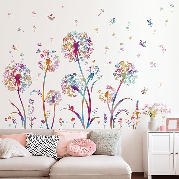 wondever Colorful Blowing Dandelion Wall Decals Flying Flowers Butterflies Floral Peel and Stick Wall Art Stickers for Living Room Girls Bedroom TV Wall
