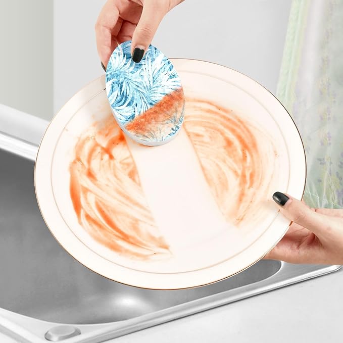 Blue Leaves Kitchen Scrub Sponges, Pop-up Kitchen Cleaning Sponges Reusable Dish Washing Sponges for Bathroom Household Cleaning 3 Pack - Non Scratch Scrubber