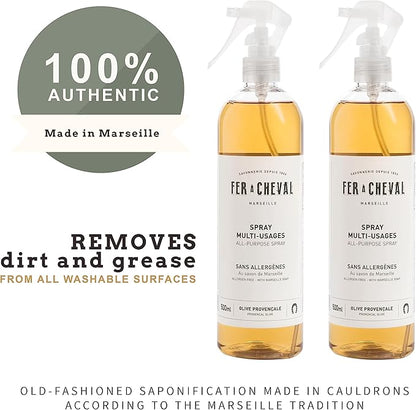 Fer à Cheval Versatile Marseille All-Purpose Spray Cleaner - Natural Provençal Olive Scent, Allergen-Free, 99% Natural Ingredients, 500 ml/16.9 fl oz (2-Pack)