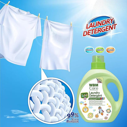 WBM Plant-Based Laundry Detergent Liquid – 34 fl oz, 50 loads total. Eco-friendly formula for powerful cleaning, gentle on fabrics, and safe for the environment