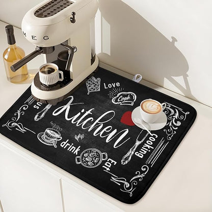 Kawani Black Coffee Bar Dish Drying Mats for Kitchen Counter 18x24 Inch, Kitchen Drying Mat, Kitchen Coffee Bar Dishes Pad Dish Drainer Rack Mats Absorbent Fast Dry Kitchen Accessories Square