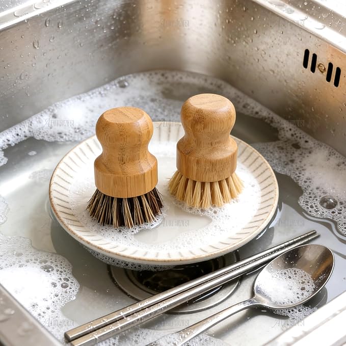 AUEAR, Natural Bamboo Dish Scrub Brush Cleaning Pot Scrubber Brushes Coconut Bristles for Cast Iron Skillet Pots Pans (2 Pack, 2 Colors)