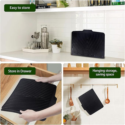 Silicone Dish Drying Mat 16x13 Multiple Usage,Easy clean,Eco-friendly,Heat-resistant Silicone Mat Dish Drying Mats For Kitchen Counter or Sink,Refrigerator or Drawer liner Black16inchx13inch
