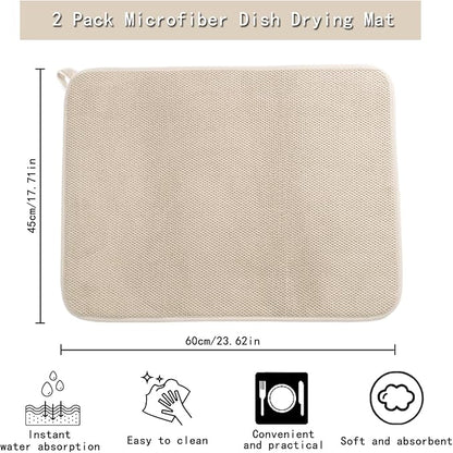 2pcs Large Size Dish Drying Mats with Hanging Loop, 24*18 Inch Absorbent Microfiber Dishes Drainer Mats, Reusable Washable Dish Drying Pad for Countertop (Beige)