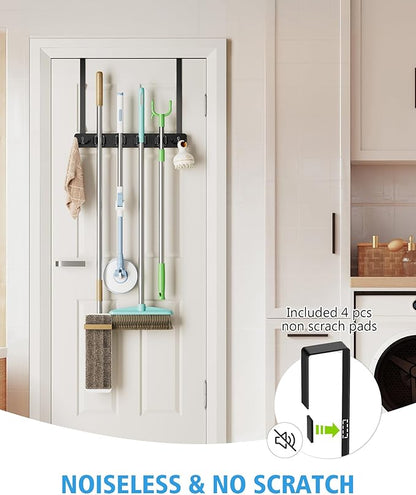 BS-VOG Over the Door Broom Holder, Mop and Broom Holder Door Mount, Hanging Organizer with 4 Racks & 2 Hooks, Wooden Hanger Storage Decor, Laundry Tool Organizer for Closet Garage, No Drills