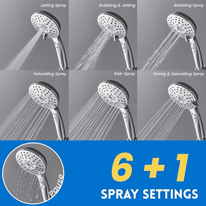 Ryamen Dual Shower Head Combo, 8'' High Pressure Rain Shower Head with Handheld Spray, 6 Settings Handheld Showerhead, 15" Height Adjustable Slide Bar, Angle Adjustable, Chrome Polished