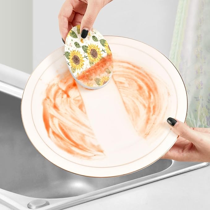 Sunflower Kitchen Scrub Sponges, Pop-up Kitchen Cleaning Sponges Reusable Dish Washing Sponges for Bathroom Household Cleaning 3 Pack - Non Scratch Scrubber