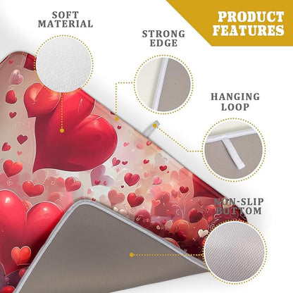 Valentines Day Dish Drying Mat for Kitchen Counter 24x18 Inch Red Heart Drying Mat with Absorbent Reversible Microfiber Holiday Love Dish Drainer Mats Rack Pad for Coffee Countertop Protector